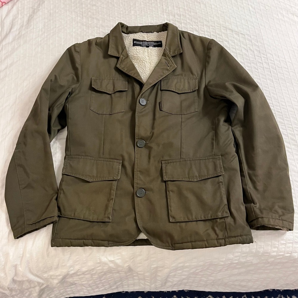 Dunderdon Mens Canvas Jacket XL Green Sherpa Lined Military Style Chore Olive - Picture 2 of 13